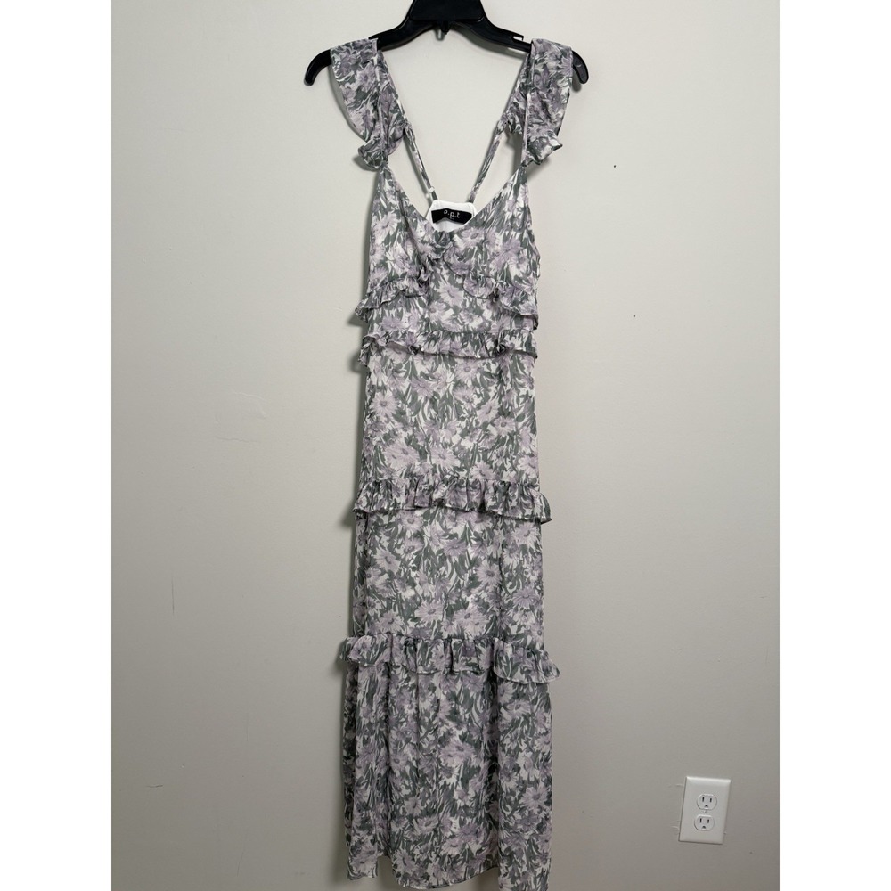 OPT Dress Sz S Purple Green Floral Ruffle Ingrid Tiered Garden Guest Coquette
